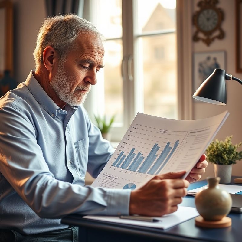 Muž v důchodovém věku prochází vytištěný graf cash flow u pracovního stolu
